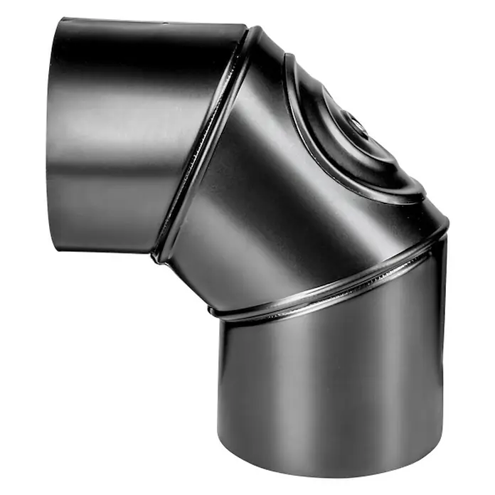 Ofenrohrbogen - Durchmesser: 120 mm, 0 ° - 90 °, Blauglanz - Schwarzes Ofenrohrbogen-Produktbild. Der Rauchrohrbogen ist aus schwarzem Metall gefertigt und ist ein 90-Grad-Winkelstück.