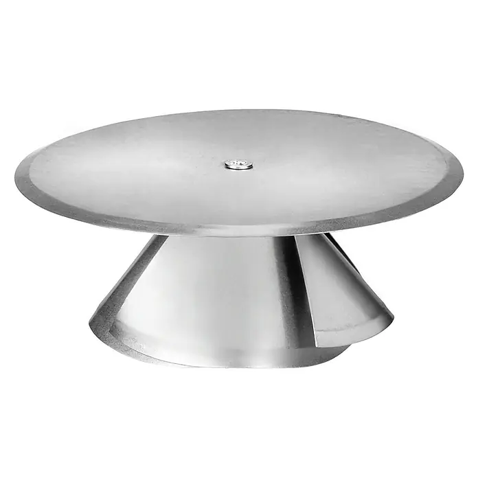 Ofen-Kapsel - Durchmesser: 160 mm, Silber - Nahaufnahme eines silbernen Kuchenständers mit einer runden Platte und einem konischen Sockel, ideal für die Präsentation von Backwaren.