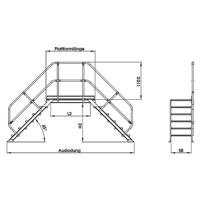 Munk Mehrzweckleiter Überstieg 45° inkl. einen Handlauf, Stufenbreite 800mm, 2x6 Stufen - Anzahl Tritte: 6 Stk., Aluminium