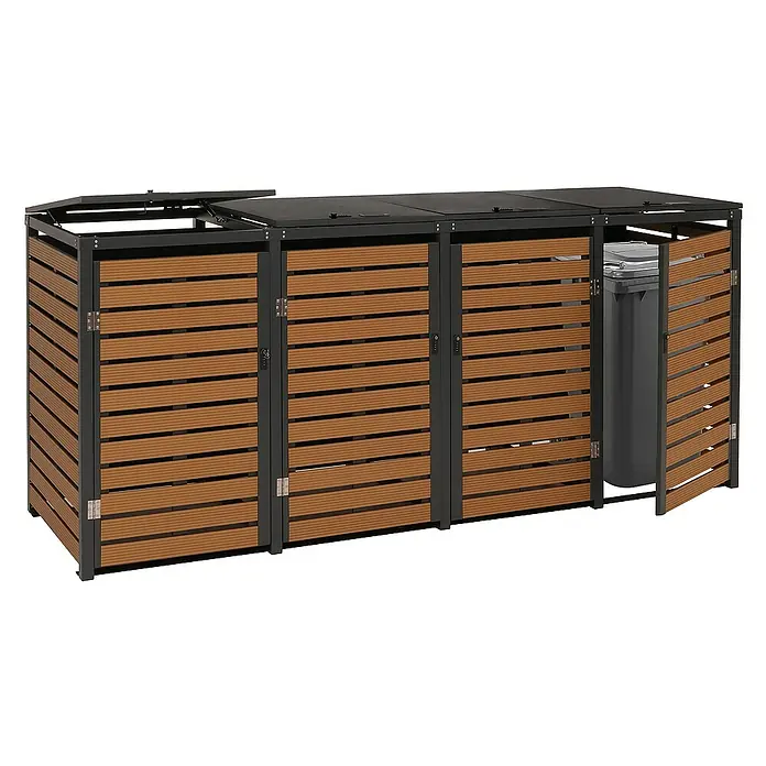 Proregal Mülltonnenbox 4er - 264 x 84 cm, Metall, Teak-Optik, Geeignet für Anzahl Mülltonnen: 4 Stk.