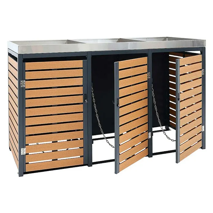 Proregal Mülltonnenbox 3er mit Pflanzkasten - Metall, Teak-Optik, Geeignet für Anzahl Mülltonnen: 3 Stk.