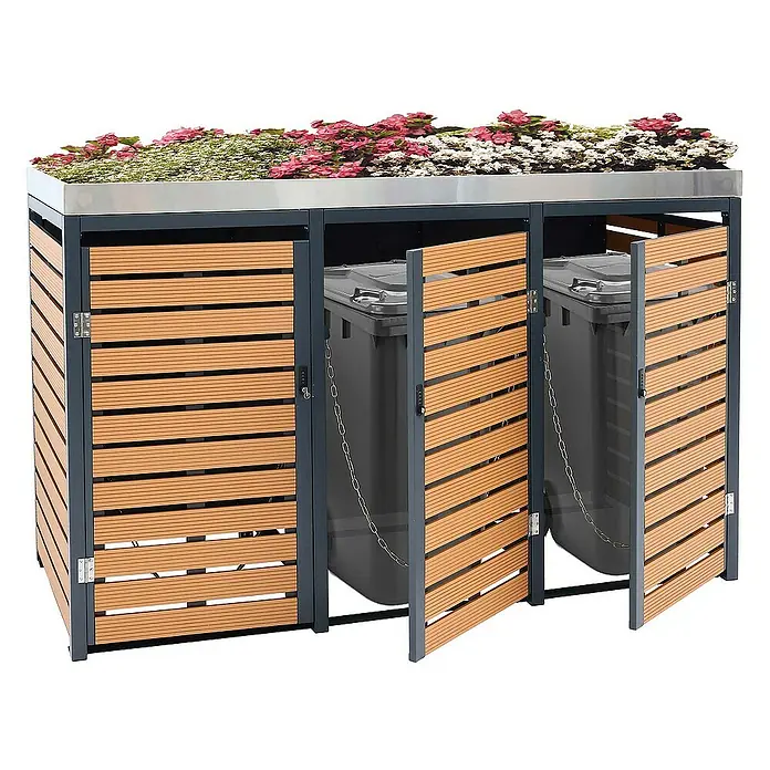 Proregal Mülltonnenbox 3er mit Pflanzkasten - Metall, Teak-Optik, Geeignet für Anzahl Mülltonnen: 3 Stk.