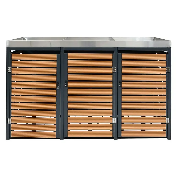 Proregal Mülltonnenbox 3er mit Pflanzkasten - Metall, Teak-Optik, Geeignet für Anzahl Mülltonnen: 3 Stk.