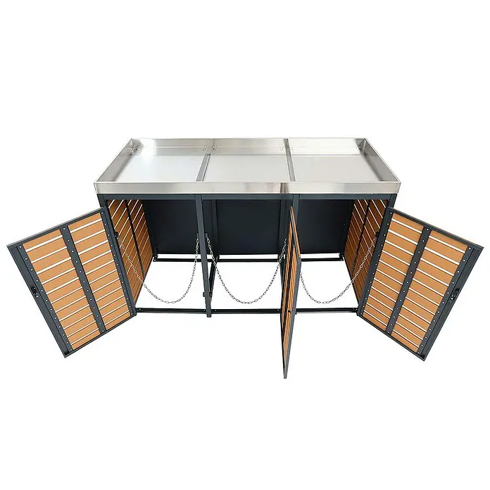 Proregal Mülltonnenbox 3er mit Pflanzkasten - Metall, Teak-Optik, Geeignet für Anzahl Mülltonnen: 3 Stk.