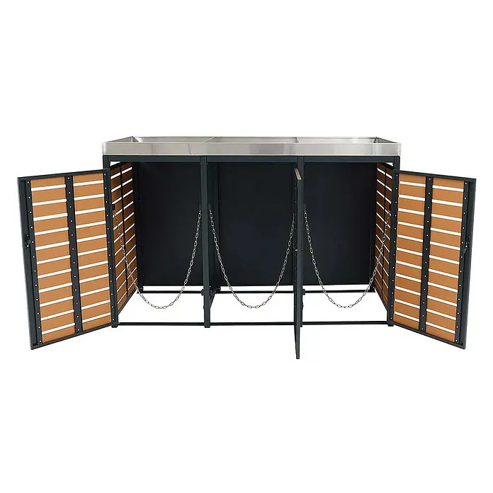 Proregal Mülltonnenbox 3er mit Pflanzkasten - Metall, Teak-Optik, Geeignet für Anzahl Mülltonnen: 3 Stk.