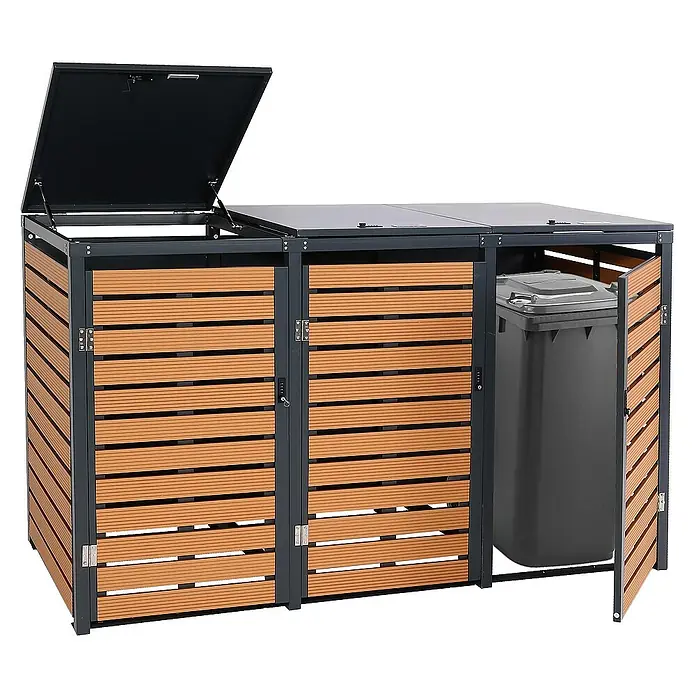 Proregal Mülltonnenbox 3er - 205 x 84 cm, Metall, Teak-Optik, Geeignet für Anzahl Mülltonnen: 3 Stk.