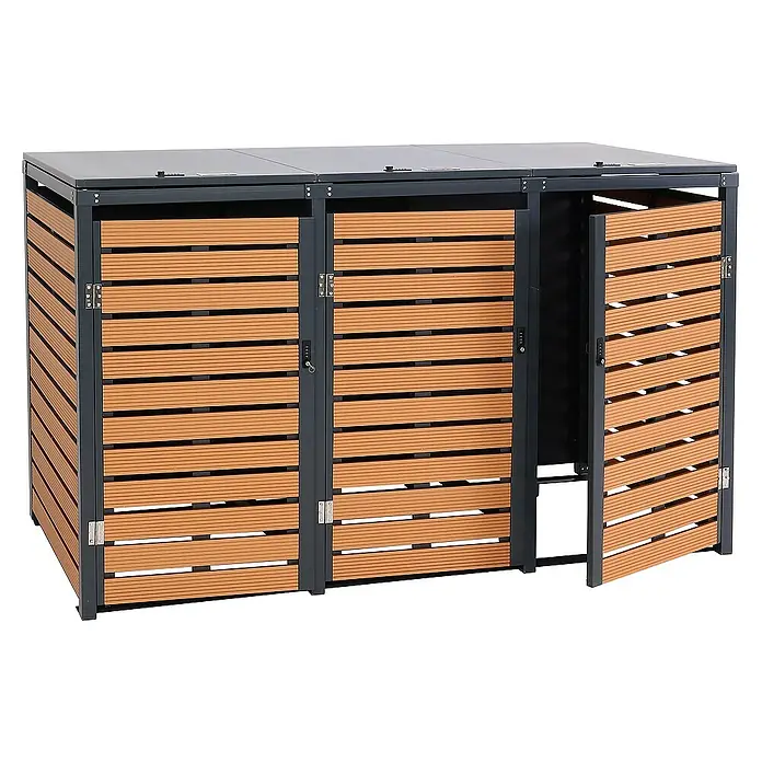 Proregal Mülltonnenbox 3er - 205 x 84 cm, Metall, Teak-Optik, Geeignet für Anzahl Mülltonnen: 3 Stk.