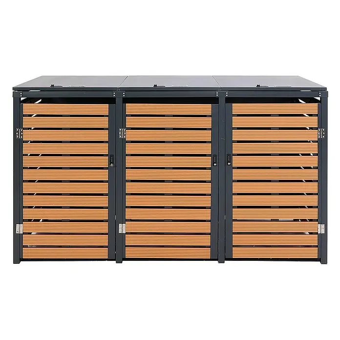 Proregal Mülltonnenbox 3er - 205 x 84 cm, Metall, Teak-Optik, Geeignet für Anzahl Mülltonnen: 3 Stk.