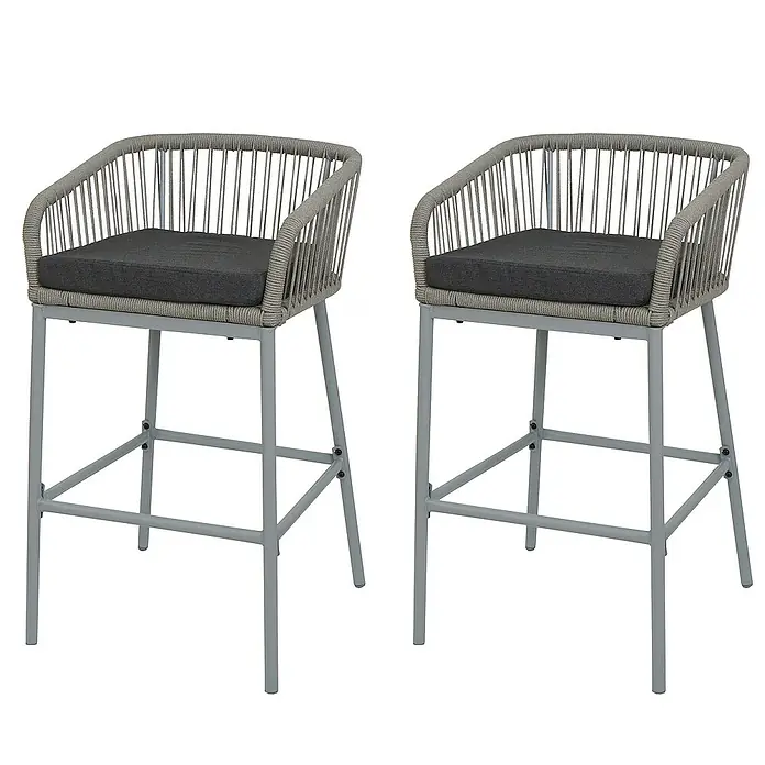 2er-Set Rope-Barhocker | HxBxT 92x51x53 cm | Sitzhöhe 76cm | Outdoor Sitzpolster Seilgeflecht Metall | Hellgrau | Kissen Dunkelgrau | Tresenhocker - 