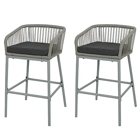 2er-Set Rope-Barhocker | HxBxT 92x51x53 cm | Sitzhöhe 76cm | Outdoor Sitzpolster Seilgeflecht Metall | Hellgrau | Kissen Dunkelgrau | Tresenhocker