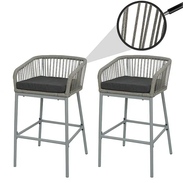 2er-Set Rope-Barhocker | HxBxT 92x51x53 cm | Sitzhöhe 76cm | Outdoor Sitzpolster Seilgeflecht Metall | Hellgrau | Kissen Dunkelgrau | Tresenhocker - 