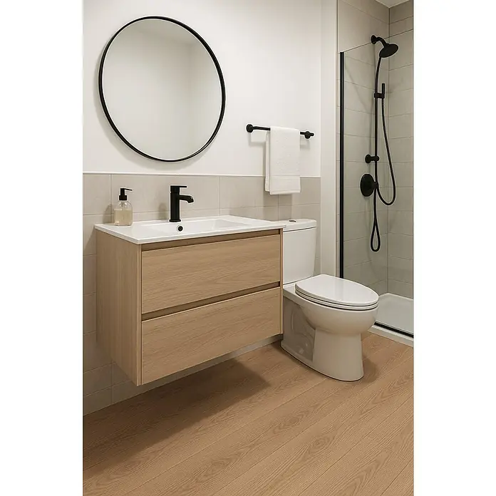 Suelo vinílico SPC Forest Tree - 1.220 x 180 x 5 mm, Marrón, Resistente al agua - Un baño moderno con un mueble de tocador flotante de madera clara, espejo redondo y accesorios negros.