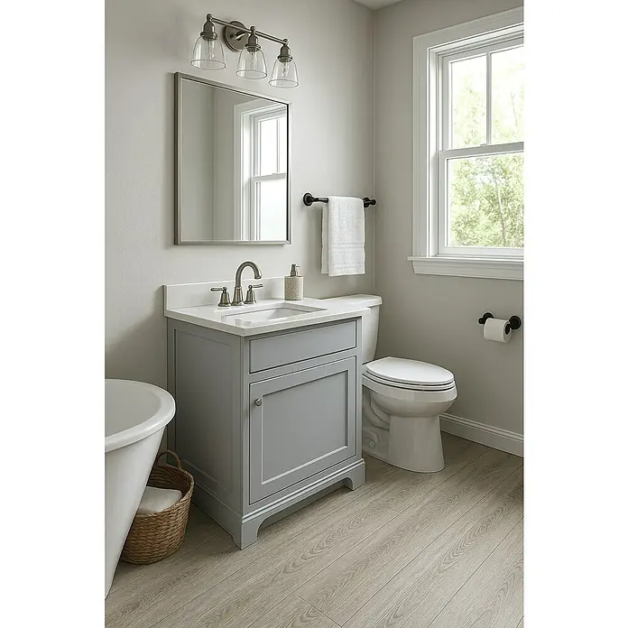 Suelo vinílico SPC Native Tree - 1.220 x 180 x 5 mm, Gris, Resistente al agua - Este baño exhibe un tocador gris con encimera blanca, junto con un inodoro y un toallero. Un espejo y una lámpara realzan el espacio.