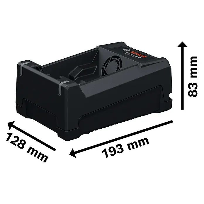 Bosch Professional AMPShare 18V Akku-Schnellladegerät GAL 12V/18V-80 - 18 V - Produktbild des Bosch GAL 12V-40 Professional Akku-Ladegeräts mit Größenangaben. Kompaktes Design für schnelles und effizientes Laden von Akkus.