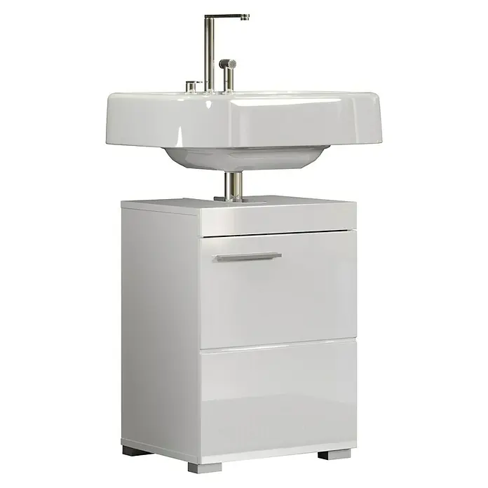 Trendteam Bea Waschtischunterschrank - B x T x H: 40 x 34 x 56 cm, Weiß - Modernes Badezimmerwaschbecken mit Unterschrank in glänzendem Weiß und Chromarmatur.