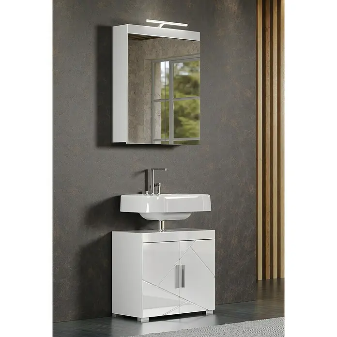 Trendteam Bea Waschtischunterschrank - B x T x H: 60 x 34 x 56 cm, Weiß, Ausstattung: 2 Türen - Modernes Badezimmer-Ensemble mit Spiegelschrank und Unterschrank in Hochglanz-Weiß für stilvolle Badezimmer.