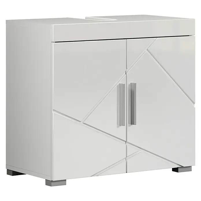 Trendteam Bea Waschtischunterschrank - B x T x H: 60 x 34 x 56 cm, Weiß, Ausstattung: 2 Türen - Weißer Badezimmerschrank mit geometrischem Design und silbernen Griffen. Ideal für moderne Badezimmer und zur Aufbewahrung von Badutensilien.