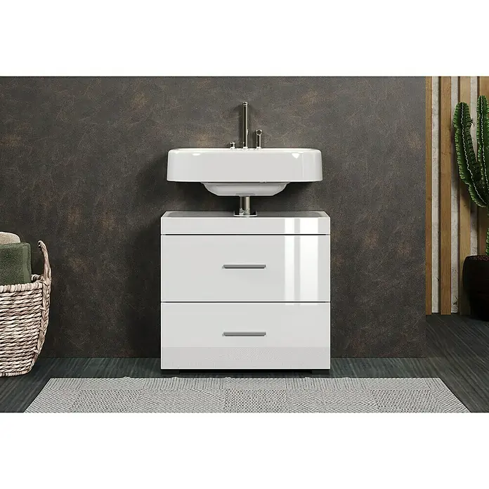 Trendteam Bea Waschtischunterschrank - B x T x H: 60 x 34 x 56 cm, Weiß, Ausstattung: 2 Schubladen - Modernes Badezimmer mit einem weißen Unterschrank mit Waschbecken und zwei Schubladen für ein stilvolles Ambiente.