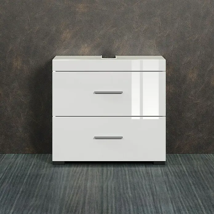 Trendteam Bea Waschtischunterschrank - B x T x H: 60 x 34 x 56 cm, Weiß, Ausstattung: 2 Schubladen - Ein glänzender, weißer Badezimmerschrank mit zwei Schubladen und Griffen präsentiert sich vor einer strukturierten Wand.