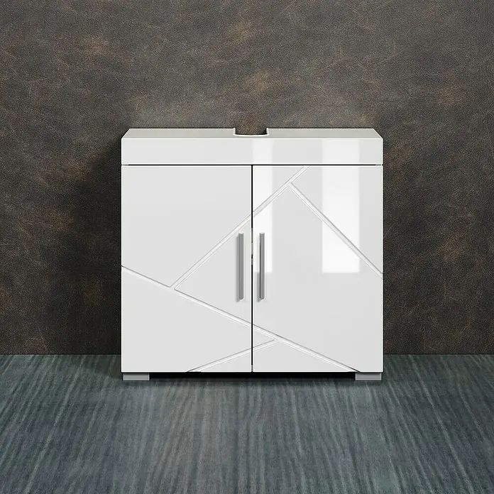 Trendteam Bea Waschtischunterschrank - B x T x H: 60 x 34 x 56 cm, Weiß, Ausstattung: 2 Türen - Ein moderner weißer Waschtisch mit geometrischem Design und zwei Türen vor einem dunklen Hintergrund.