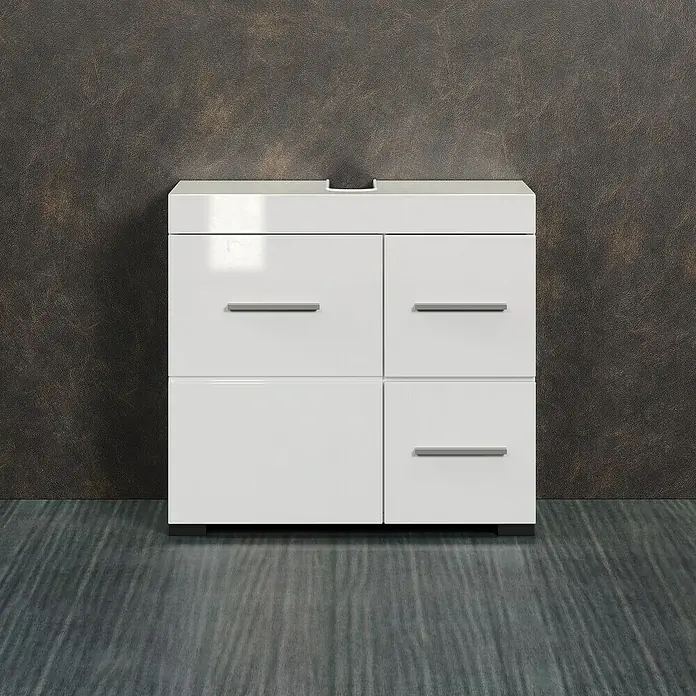 Trendteam Bea Waschtischunterschrank - B x T x H: 60 x 34 x 56 cm, Weiß, Ausstattung: 1 Tür - Badezimmerschrank in glänzendem Weiß mit Schubladen und Griffen, ideal für moderne Badezimmerdesigns.