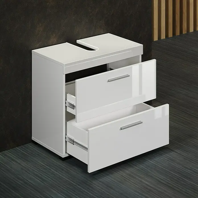 Trendteam Bea Waschtischunterschrank - B x T x H: 60 x 34 x 56 cm, Weiß, Ausstattung: 2 Schubladen - Glänzend weißer Badezimmerschrank mit zwei offenen Schubladen, ideal für die Aufbewahrung und passend zu modernen Badezimmerdesigns.