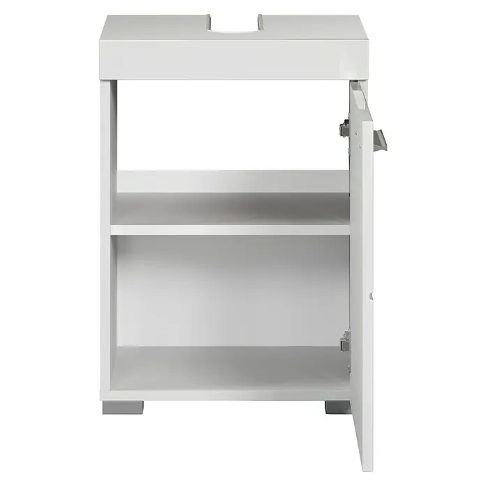 Trendteam Bea Waschtischunterschrank - B x T x H: 40 x 34 x 56 cm, Weiß - Bild eines offenen, weißen Badezimmerschranks mit zwei Regalböden. Der Schrank steht auf grauen Füßen und ist für ein Waschbecken vorbereitet.