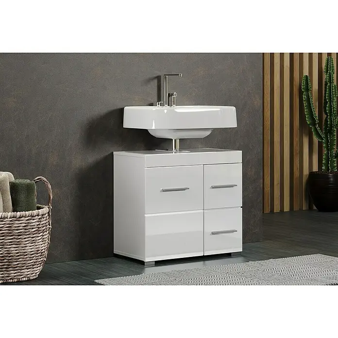 Trendteam Bea Waschtischunterschrank - B x T x H: 60 x 34 x 56 cm, Weiß, Ausstattung: 1 Tür - Elegantes Badezimmer-Waschbecken mit Unterschrank in glänzendem Weiß. Das moderne Design bietet stilvollen Stauraum im Badezimmer.