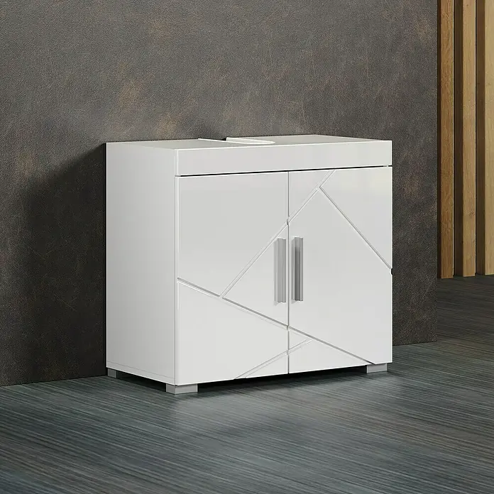 Trendteam Bea Waschtischunterschrank - B x T x H: 60 x 34 x 56 cm, Weiß, Ausstattung: 2 Türen - Moderner weißer Waschtisch mit geometrischen Mustern auf den Türen, ideal für stilvolle Badezimmer.
