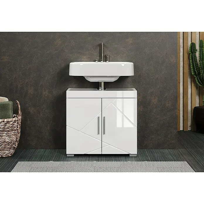 Trendteam Bea Waschtischunterschrank - B x T x H: 60 x 34 x 56 cm, Weiß, Ausstattung: 2 Türen - Modernes Badezimmer mit einem weißen Waschtischunterschrank und einem Aufsatzwaschbecken. Das Design ist schlicht und elegant.