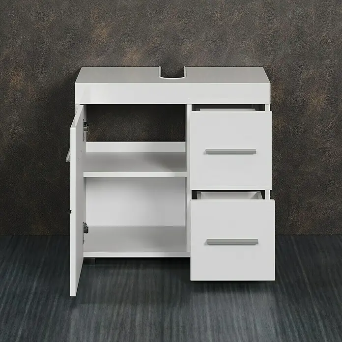 Trendteam Bea Waschtischunterschrank - B x T x H: 60 x 34 x 56 cm, Weiß, Ausstattung: 1 Tür - Bild einer weißen Badezimmerkommode mit geöffneter Tür und Schubladen, ideal für die stilvolle Badezimmeraufbewahrung.