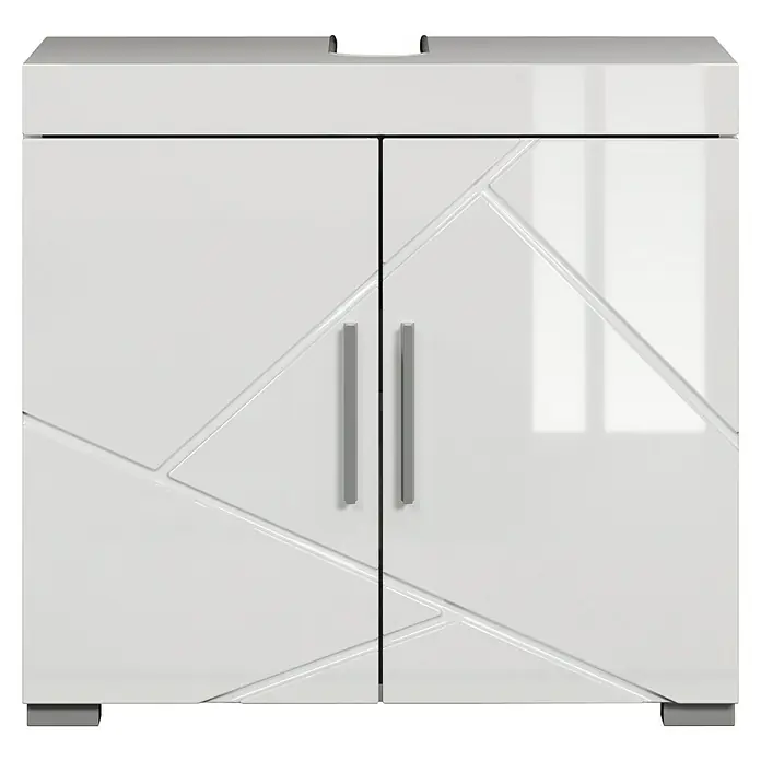 Trendteam Bea Waschtischunterschrank - B x T x H: 60 x 34 x 56 cm, Weiß, Ausstattung: 2 Türen - Aufnahme eines weißen Badezimmerschranks mit geometrischen Mustern und silbernen Griffen. Zeitgemäßes Design für moderne Badezimmer.