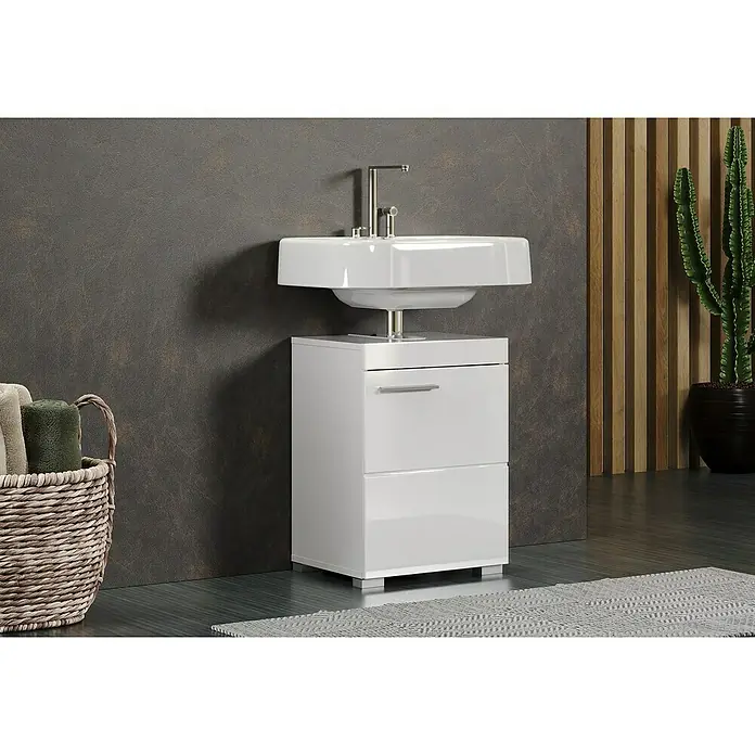 Trendteam Bea Waschtischunterschrank - B x T x H: 40 x 34 x 56 cm, Weiß - Das moderne, glänzend weiße Waschbecken mit Unterschrank bietet stilvollen Stauraum und ist eine elegante Ergänzung für jedes Badezimmer.