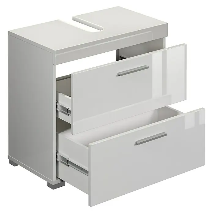 Trendteam Bea Waschtischunterschrank - B x T x H: 60 x 34 x 56 cm, Weiß, Ausstattung: 2 Schubladen - Bild eines weißen Badezimmerunterschranks mit zwei Schubladen, die teilweise geöffnet sind. Der Schrank hat eine Aussparung für ein Waschbecken.