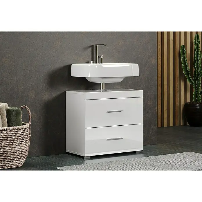 Trendteam Bea Waschtischunterschrank - B x T x H: 60 x 34 x 56 cm, Weiß, Ausstattung: 2 Schubladen - Elegantes Badezimmerwaschbecken mit Unterschrank in glänzendem Weiß. Das moderne Design umfasst zwei Schubladen und eine minimalistische Armatur.