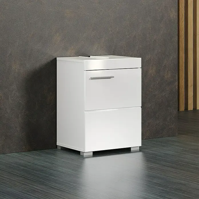 Trendteam Bea Waschtischunterschrank - B x T x H: 40 x 34 x 56 cm, Weiß - Ein moderner, weißer Badezimmerschrank mit zwei Schubladen und einem schlichten, silberfarbenen Griff. Der Schrank steht auf silbernen Füßen.