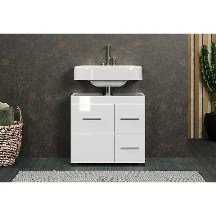 Trendteam Bea Waschtischunterschrank - B x T x H: 60 x 34 x 56 cm, Weiß, Ausstattung: 1 Tür - Ein moderner weißer Waschtisch mit zwei Schubladen und einem Aufsatzwaschbecken, ideal für jedes Badezimmer.
