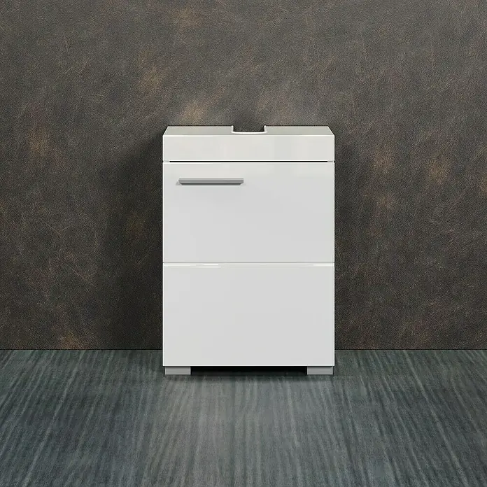 Trendteam Bea Waschtischunterschrank - B x T x H: 40 x 34 x 56 cm, Weiß - Badezimmerschrank mit zwei Schubladen in glänzendem Weiß. Das Möbelstück steht vor einer dunklen Wand.