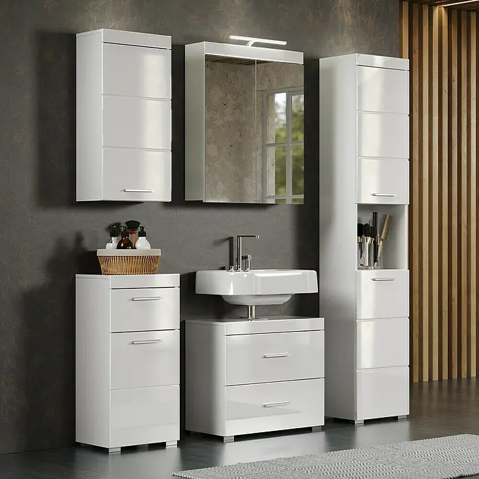 Trendteam Bea Waschtischunterschrank - B x T x H: 60 x 34 x 56 cm, Weiß, Ausstattung: 2 Schubladen - Badmöbelset mit weißen Hochglanzfronten, bestehend aus Waschtisch, Spiegelschrank und Hochschränken. Modernes Design für ein stilvolles Badezimmer.
