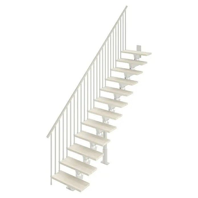 Scrigno Escalera principal Lumina Recta - Blanco/Blanco, 75 cm, Recto, Altura de planta: 241 cm - 289 cm - Vista detallada de una escalera moderna y luminosa con barandilla blanca. Su diseño minimalista se integra en interiores contemporáneos.