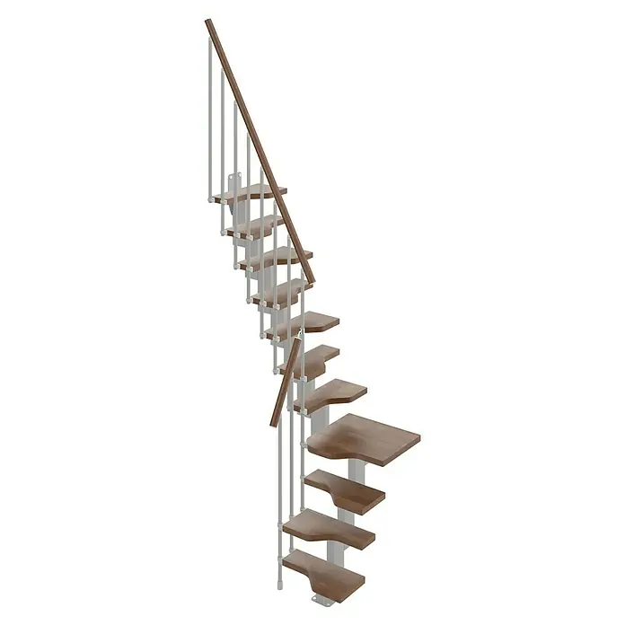 Scrigno Escalera principal Sailor L - Nogal, Plata, Ancho: 61 cm, 1/4 espiral izquierda, Con barandilla - Escalera de caracol con peldaños de madera y barandilla plateada. La escalera asciende en espiral, ofreciendo una solución elegante y ahorradora de espacio.