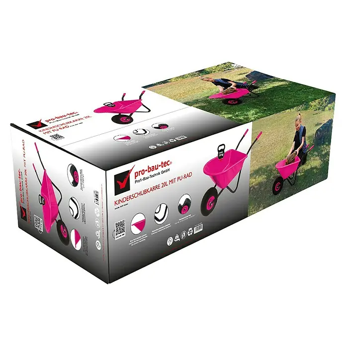 Kinder-Schubkarre - Pink, 20 l, Material Wanne: Kunststoff - Abbildung einer Verpackung für eine Schubkarre für Kinder von pro-bau-tec mit der Aufschrift KINDERSCHUBKARRE 20L MIT PU-RAD.