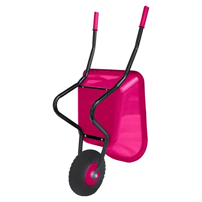 Kinder-Schubkarre - Pink, 20 l, Material Wanne: Kunststoff - Nahaufnahme einer pinkfarbenen Schubkarre mit schwarzem Rahmen und Rad, die ein praktisches Werkzeug für Gartenarbeiten und Bauprojekte darstellt.