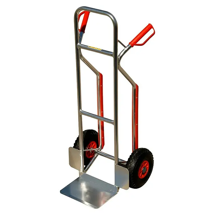 Sackkarre - Aluminium, Traglast: 150 kg, mit Treppenrutsche - Produktansicht einer robusten Sackkarre aus Aluminium mit roten Griffen und Rädern, ideal für den Transport schwerer Lasten.