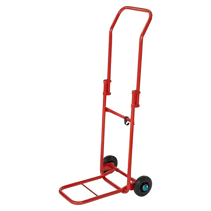 Sackkarre - Stahl, Traglast: 120 kg, Klappbar - Eine rote Sackkarre mit schwarze Räder ist auf einem schwarzen Hintergrund, ein praktisches Werkzeug für den Transport von Waren.