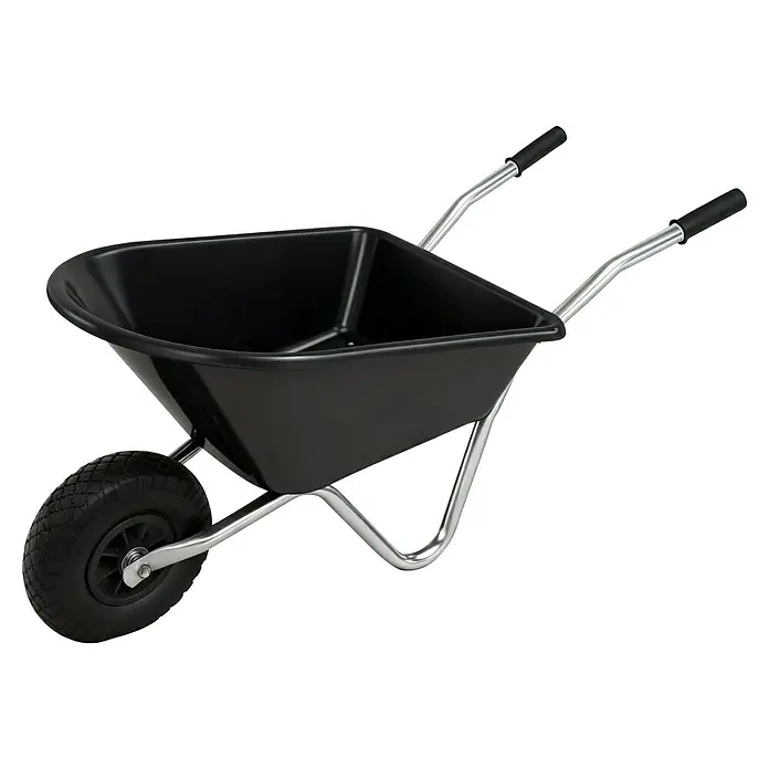Kinder-Schubkarre - Anthrazit, 20 l, Material Wanne: Kunststoff - Nahaufnahme einer schwarzen Schubkarre mit silbernem Rahmen und schwarzem Rad. Ein unverzichtbares Werkzeug für Garten- und Bauarbeiten.