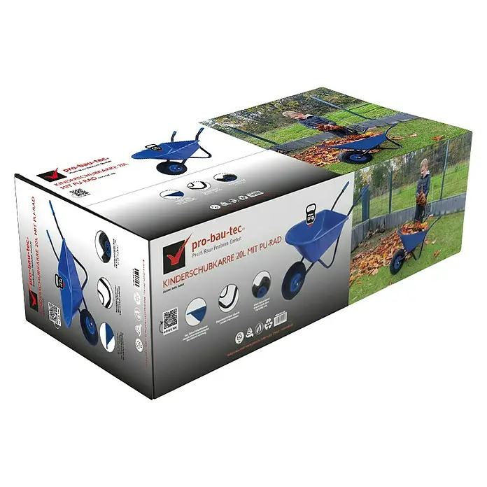 Kinder-Schubkarre - Blau, 20 l, Material Wanne: Kunststoff - Verpackung einer blauen Schubkarre für Kinder. Ideal für den Garten, mit robustem PU-Rad für einfaches Manövrieren und Transportieren.