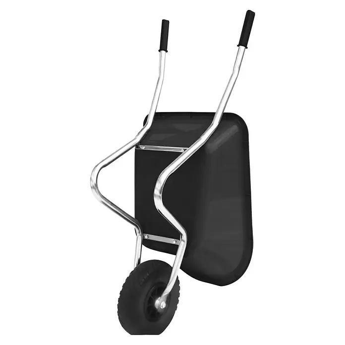 Kinder-Schubkarre - Anthrazit, 20 l, Material Wanne: Kunststoff - Eine schwarze Schubkarre mit einem einzelnen Rad und silberfarbenen Metallgriffen, ideal für Gartenarbeit und Bauprojekte.