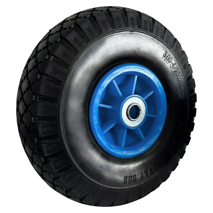 Schubkarren-Ersatzrad PU Kinderschubkarre - Blau - Ein robustes Schubkarrenrad mit blauer Felge und grobem Reifenprofil. Ideal für Gartenarbeit und Bauprojekte.
