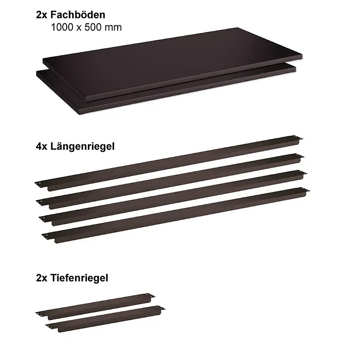 Schulte Stahlfachboden - L x B: 80 x 50 cm, Schwarz, 2 Stk. - Produktansicht: Zwei Fachböden (1000 x 500 mm), vier Längenriegel und zwei Tiefenriegel für ein Möbelstück.